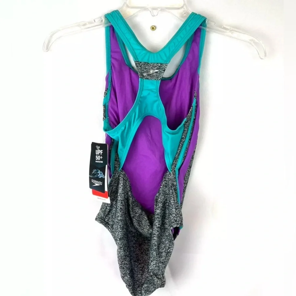 Speedo Girl’s One Piece Thick Strap Grey/Blue Swimsuit Size 10